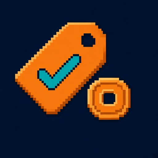 Pixel-art price tag with a tick