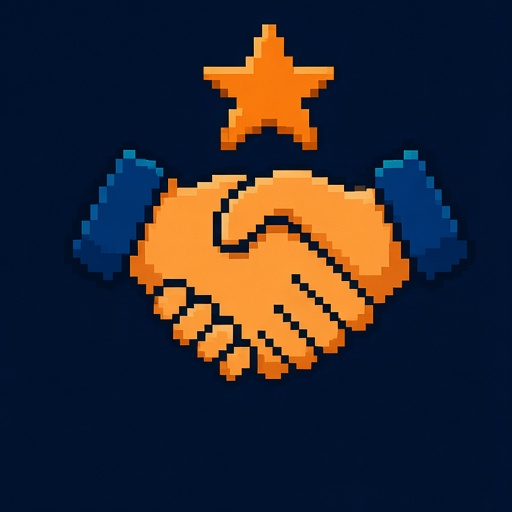 Pixel-art handshake with a star