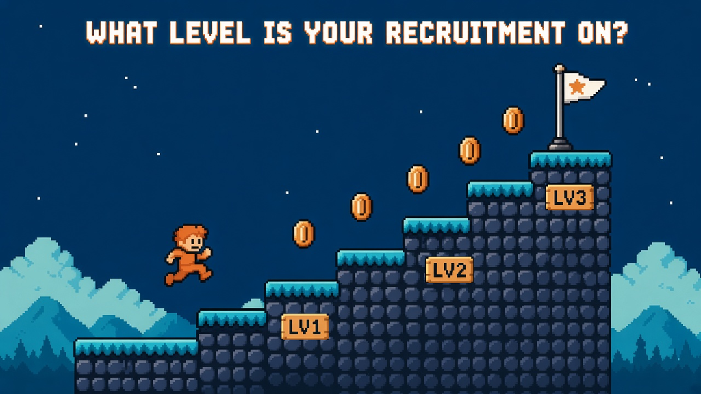 Pixel-art character running up a staircase through levels 1 to 3 towards a flag